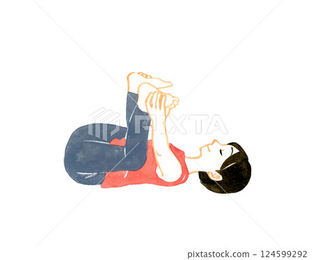 女人做快樂嬰兒姿勢瑜珈/伸展手繪水彩畫 女人做快樂嬰兒姿勢瑜珈/伸展手繪水彩畫 124599292
