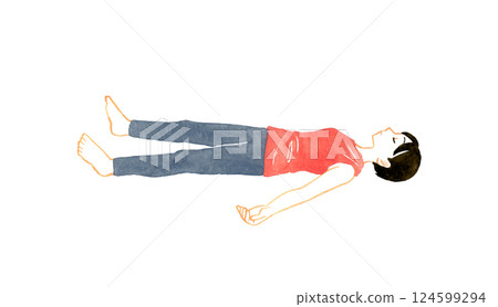 女人做屍體姿勢 (Shavasana) 瑜珈伸展手繪水彩插圖 124599294