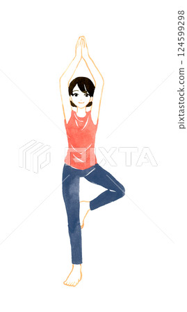 女人做站立樹式 (Vrksasana) 瑜珈伸展手繪水彩插畫 124599298