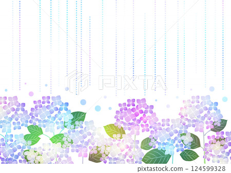 雨季背景，細雨中彩虹色的繡球花，水平，插圖，可愛，白色 124599328