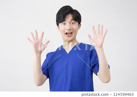 Doctor, nurse, dentist, caregiver, male, surprised, white background 124599463