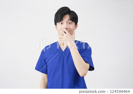 Doctor, nurse, dentist, caregiver, male, surprised, white background 124599464