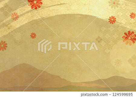 Beautiful gold washi paper background with Japanese floral patterns and gold brush lines 124599695