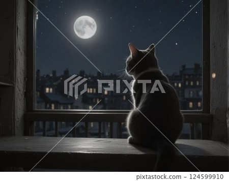 A black and white cat gazing at the moon by the window (a little melancholy) 124599910