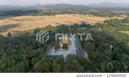 Aerial view of Wat Phra That ha Duang located in Li district, Lamphun province of Thailand. The location is believed to be an ancient city because ancient walls and canals are found there. 124600048