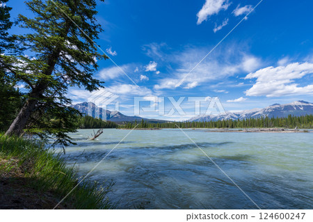 Athabasca River Flowing Through Jasper National Park, Alberta, Canada. Breathtaking Scenic View in the Canadian Rockies. Pyramid Mountain Athabasca River Flowing Through Jasper National Park, Alberta, Canada. Breathtaking Scenic View in the Canadian Rockies. Pyramid Mountain 124600247