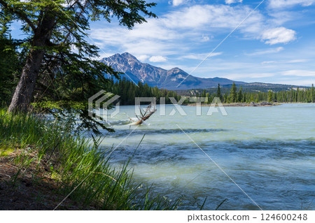 Athabasca River Flowing Through Jasper National Park, Alberta, Canada. Breathtaking Scenic View in the Canadian Rockies. Pyramid Mountain Athabasca River Flowing Through Jasper National Park, Alberta, Canada. Breathtaking Scenic View in the Canadian Rockies. Pyramid Mountain 124600248