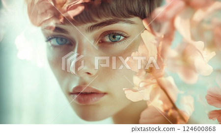 Close-up portrait of a girl surrounded by sparkling light and water 124600868