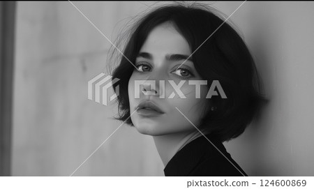 現代藝術般的黑白短髮美人肖像 124600869