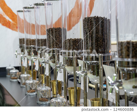 Coffee beans storage display in coffee shop Coffee beans storage display in coffee shop 124600886