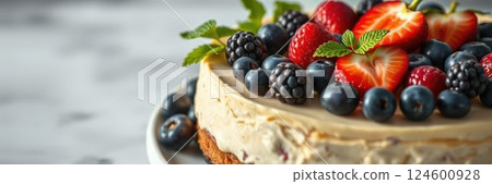 Delicious cheesecake topped with fresh berries served on a white plate in a bright kitchen environment 124600928