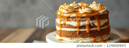 Layered cake with rich caramel drizzle on a rustic wooden table 124600943