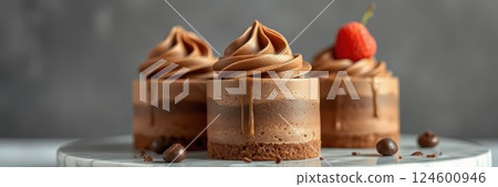 Decadent chocolate mousse cakes displayed beautifully on a wooden serving board 124600946