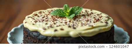 Delicious chocolate cake with creamy frosting and mint garnish on a wooden table 124601047