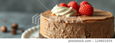 Delicious chocolate cake topped with fresh raspberries and cream on a decorative plate 124601054