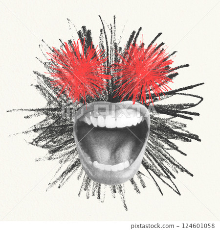 Collage of screaming mouth and sketch drawing red eyes Collage of screaming mouth and sketch drawing red eyes 124601058
