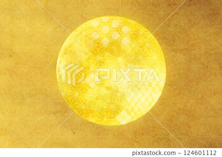 Beautiful gold Japanese paper background with Japanese pattern and full moon 124601112