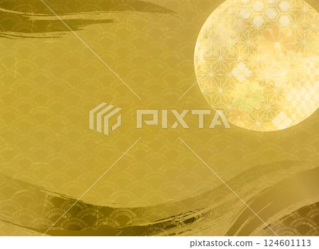 Japanese pattern on Japanese paper background with brush lines and gold full moon 124601113