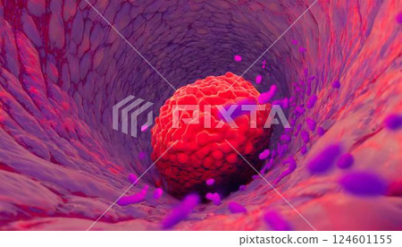 有害細菌增生引起的腸道腫瘤、癌細胞和息肉的 3D 圖示 124601155