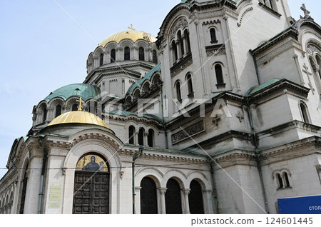 Cathedral of St. Alexander Nevsky in the center of Sofia, the capital of Bulgaria with colorful clouds. close-up 124601445
