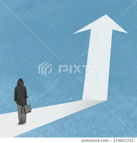 Business woman on white arrow in blue background Business woman on white arrow in blue background 124601552