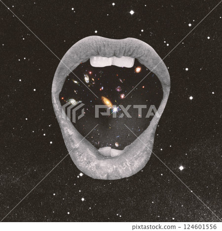 Open woman mouth with outer space inside 124601556