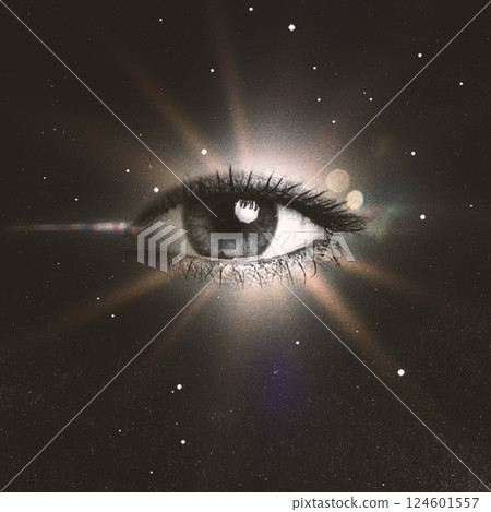 Human eye in outer space background and sun flare 124601557