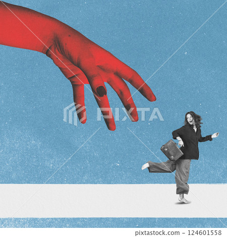 Woman with briefcase running from red hand Woman with briefcase running from red hand 124601558