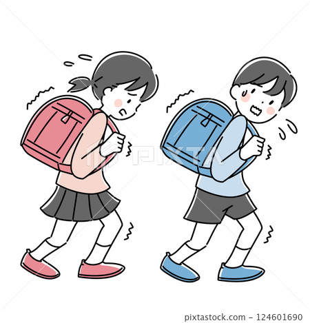 Illustration of male and female elementary school students carrying heavy backpacks 124601690