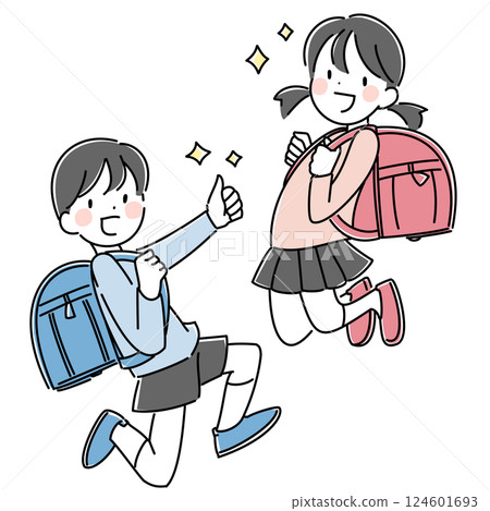Illustration of male and female elementary school students carrying school bags 124601693