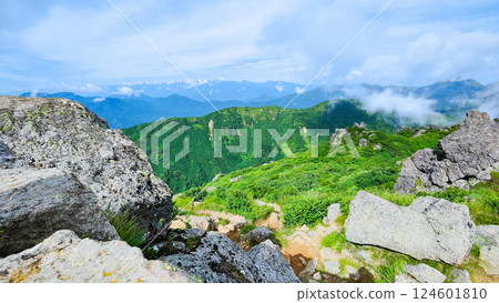 Hiuchi and Myoko mountain climbing in summer (view of the Northern Alps from the southern peak of Myoko) 124601810