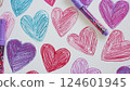 Colorful Hand Drawn Hearts Background Glitter Crayon Art for Valentine's 124601945
