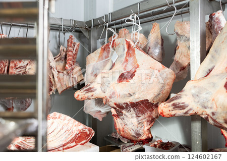 Raw beef hanging in refrigerated meat locker of butcher shop Raw beef hanging in refrigerated meat locker of butcher shop 124602167