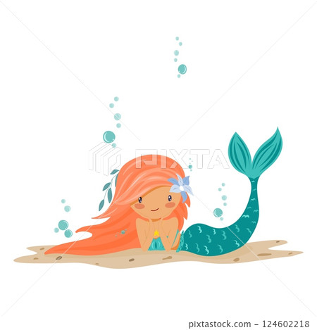 Vector illustration of red-haired mermaid lying on sand, isolated on white background Vector illustration of red-haired mermaid lying on sand, isolated on white background 124602218