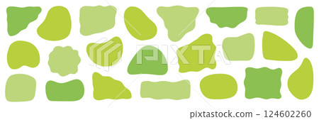 Abstract organic shape round form set. Green color liquid organic blob curve shape figure. Abstract liquid bubble, wavy different form. Soft round oval pattern background. Vector 124602260