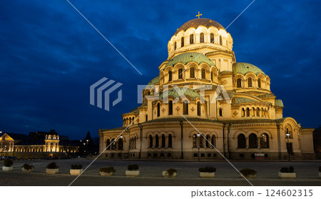 Majestic cathedral with evening illumination against the night sky 124602315