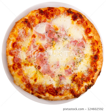 On plate is large round pizza with dried prosciutto bacon and topped with melted cheese 124602592