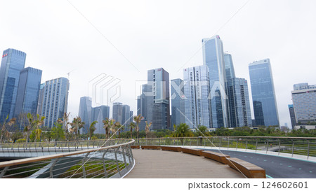 the waterfront of Qianhai. Qianhai Shenzhen-Hong Kong Modern Service Industry Cooperation Zone is a commercial development that is known as Qianhai New District. 124602601
