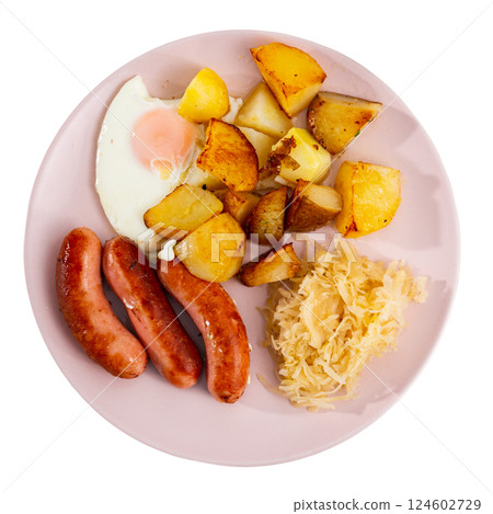 Sausages with potatoes and eggs 124602729