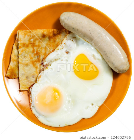 Homemade sausage from minced chicken meat, fried egg and pancakes from wheat flour Homemade sausage from minced chicken meat, fried egg and pancakes from wheat flour 124602796