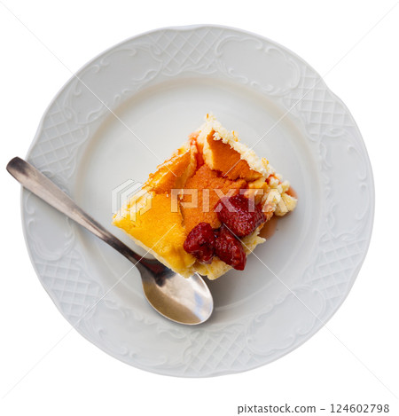 Piece of strawberry cheesecake served for dessert Piece of strawberry cheesecake served for dessert 124602798