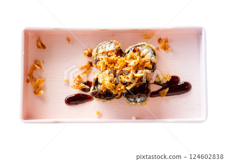 Rolls with salmon fish, avocado and fried onions 124602838