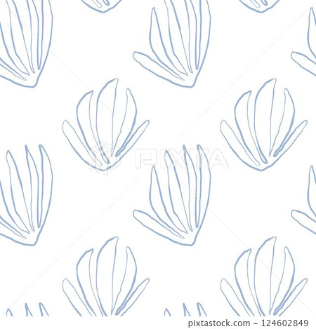 Seaweed silhouette seamless pattern on white background. Hand drawn doodle illustration. Underwater sea life summer holiday. Blue seaweed, algae design element set 124602849