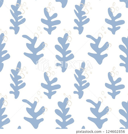 Seaweed silhouette seamless pattern on white background. Hand drawn doodle illustration. Underwater sea life summer holiday. Blue seaweed, algae design element set 124602856