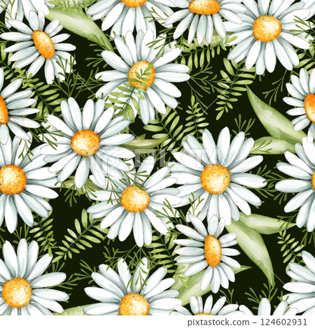 Summer floral background with white daisy flowers, leaves and grass. Floral seamless pattern 124602931