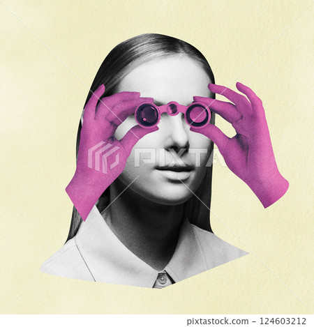 Surreal Collage of Woman with Binocular Hands 124603212