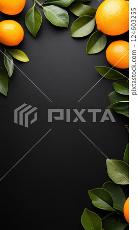 Fresh oranges and green leaves on black background create vibrant border 124603255