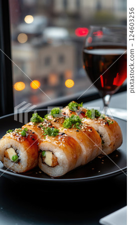 Sushi rolls with garnish on black plate beside glass of wine Sushi rolls with garnish on black plate beside glass of wine 124603256