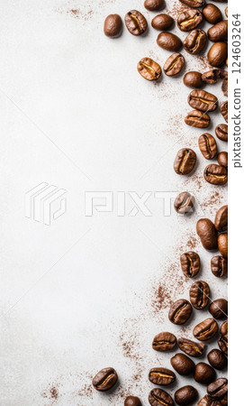 Coffee beans scattered on blank canvas with rustic feel Coffee beans scattered on blank canvas with rustic feel 124603264