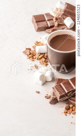 Hot chocolate with marshmallows and chocolate pieces on light background Hot chocolate with marshmallows and chocolate pieces on light background 124603323
